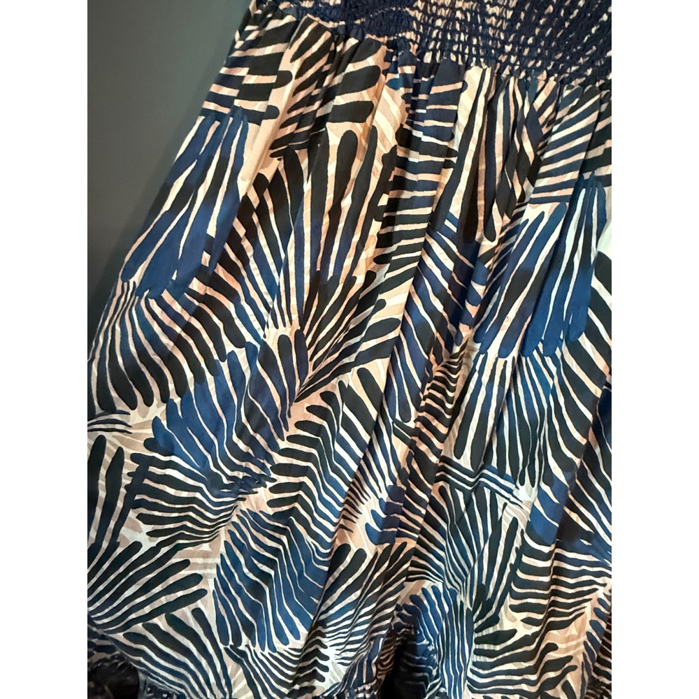 Cara Cara Blue Palm Print Smocked Midi Dress Ruffle Sleeve Cotton Medium - Picture 4 of 6